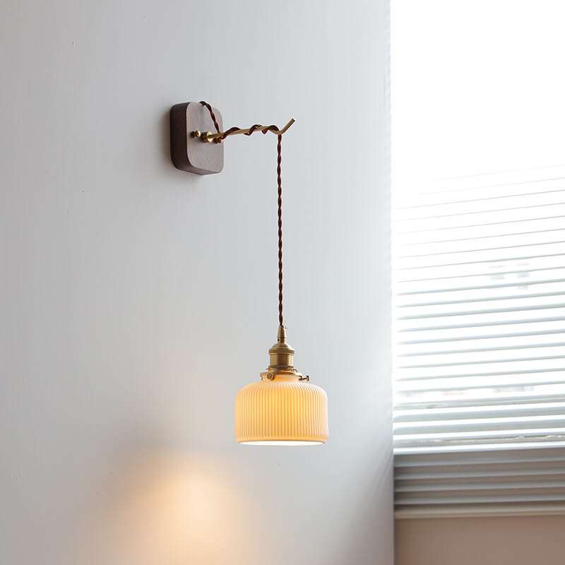 Japanese Style Ceramic Wall Lamp with Walnut Canopy Copper Arm- Modern Ceramic Lampshade