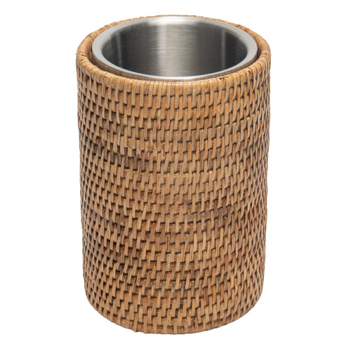 La Jolla Double-Wall Stainless Steel Single Bottle  Cooler in Rattan Sleeve, Honey-Brown