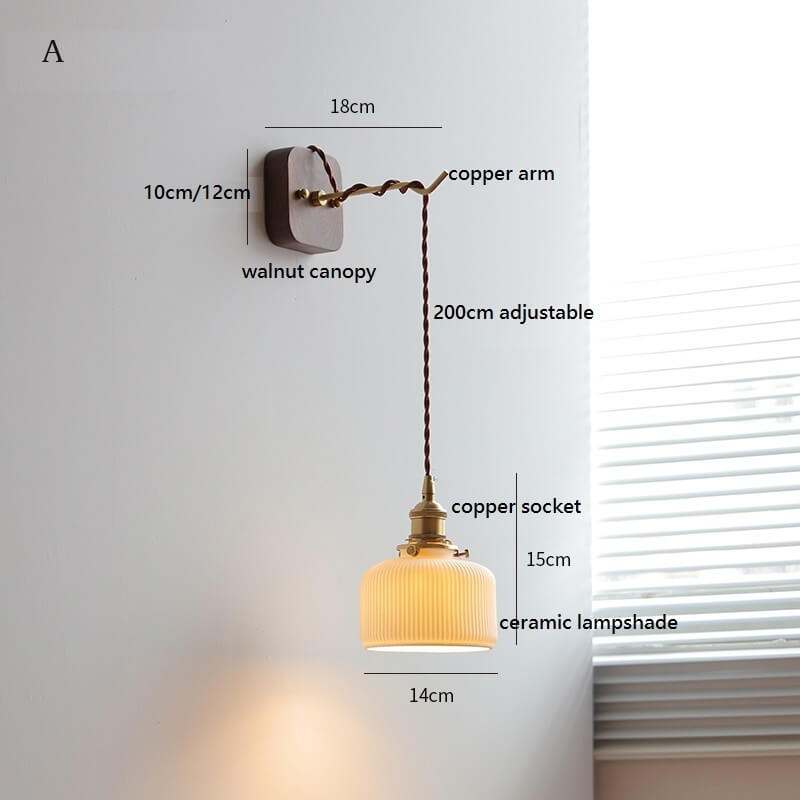 Japanese Style Ceramic Wall Lamp with Walnut Canopy Copper Arm- Modern Ceramic Lampshade