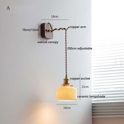 Japanese Style Ceramic Wall Lamp with Walnut Canopy Copper Arm- Modern Ceramic Lampshade