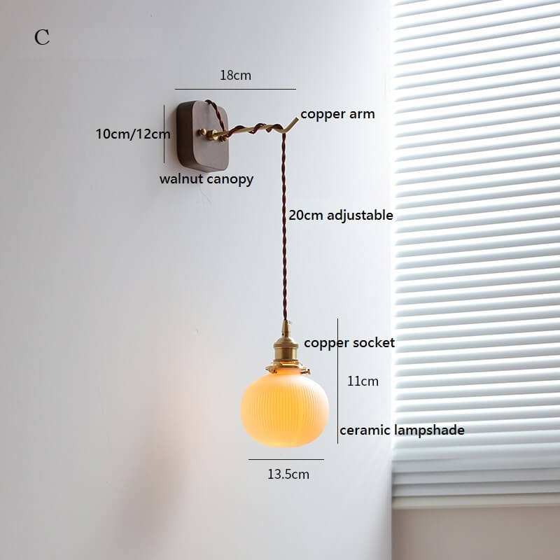 Japanese Style Ceramic Wall Lamp with Walnut Canopy Copper Arm- Modern Ceramic Lampshade