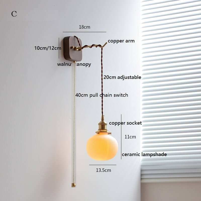 Japanese Style Ceramic Wall Lamp with Walnut Canopy Copper Arm- Modern Ceramic Lampshade