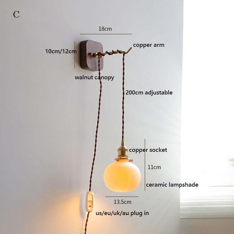 Japanese Style Ceramic Wall Lamp with Walnut Canopy Copper Arm- Modern Ceramic Lampshade
