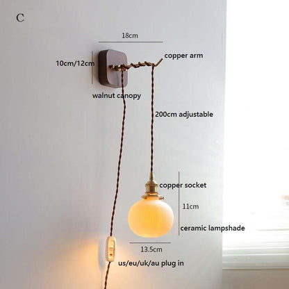 Japanese Style Ceramic Wall Lamp with Walnut Canopy Copper Arm- Modern Ceramic Lampshade