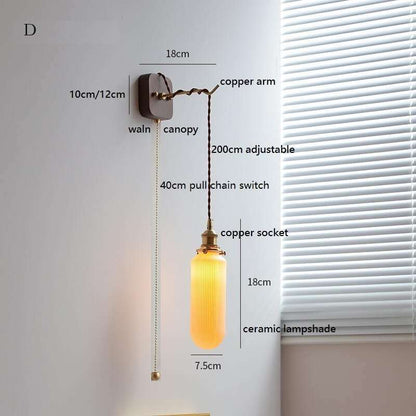 Japanese Style Ceramic Wall Lamp with Walnut Canopy Copper Arm- Modern Ceramic Lampshade