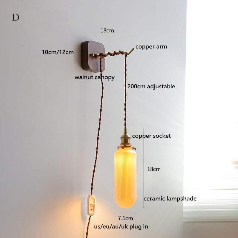 Japanese Style Ceramic Wall Lamp with Walnut Canopy Copper Arm- Modern Ceramic Lampshade