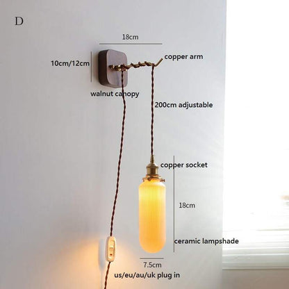 Japanese Style Ceramic Wall Lamp with Walnut Canopy Copper Arm- Modern Ceramic Lampshade