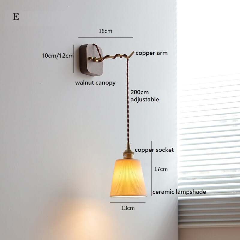 Japanese Style Ceramic Wall Lamp with Walnut Canopy Copper Arm- Modern Ceramic Lampshade