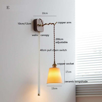 Japanese Style Ceramic Wall Lamp with Walnut Canopy Copper Arm- Modern Ceramic Lampshade
