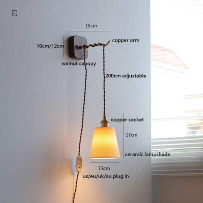 Japanese Style Ceramic Wall Lamp with Walnut Canopy Copper Arm- Modern Ceramic Lampshade