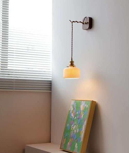 Japanese Style Ceramic Wall Lamp with Walnut Canopy Copper Arm- Modern Ceramic Lampshade