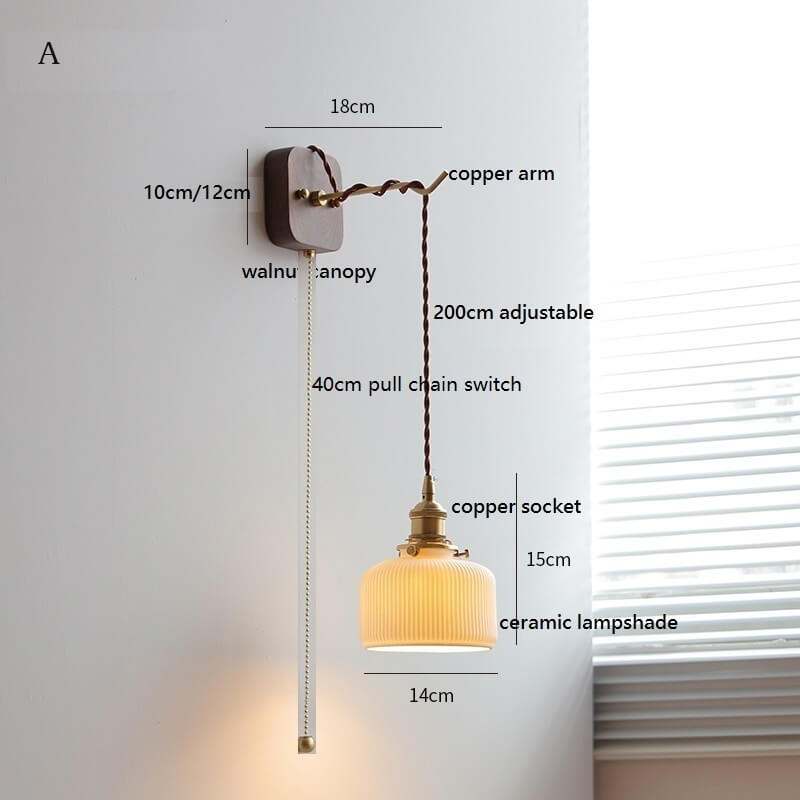 Japanese Style Ceramic Wall Lamp with Walnut Canopy Copper Arm- Modern Ceramic Lampshade