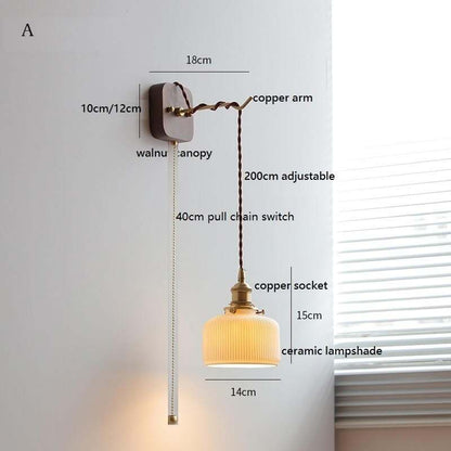 Japanese Style Ceramic Wall Lamp with Walnut Canopy Copper Arm- Modern Ceramic Lampshade