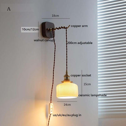 Japanese Style Ceramic Wall Lamp with Walnut Canopy Copper Arm- Modern Ceramic Lampshade