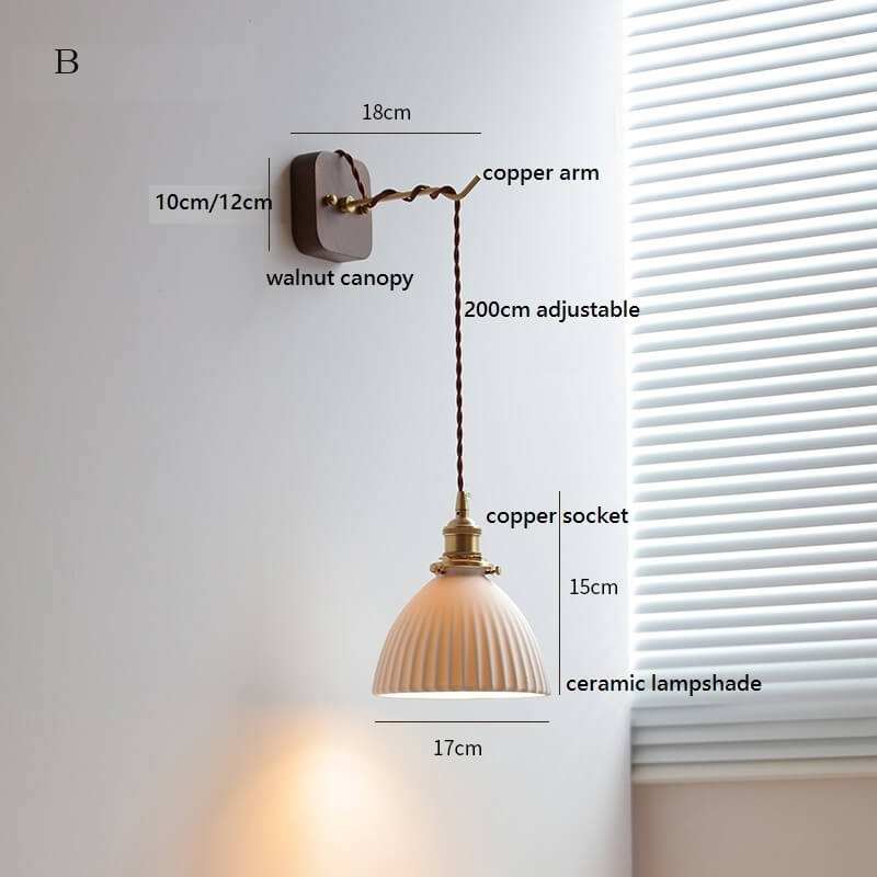Japanese Style Ceramic Wall Lamp with Walnut Canopy Copper Arm- Modern Ceramic Lampshade