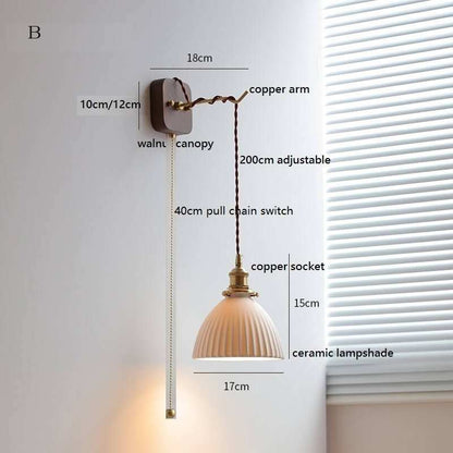 Japanese Style Ceramic Wall Lamp with Walnut Canopy Copper Arm- Modern Ceramic Lampshade