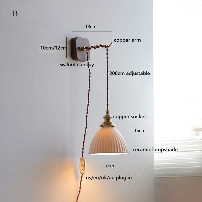 Japanese Style Ceramic Wall Lamp with Walnut Canopy Copper Arm- Modern Ceramic Lampshade