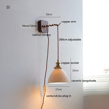 Japanese Style Ceramic Wall Lamp with Walnut Canopy Copper Arm- Modern Ceramic Lampshade
