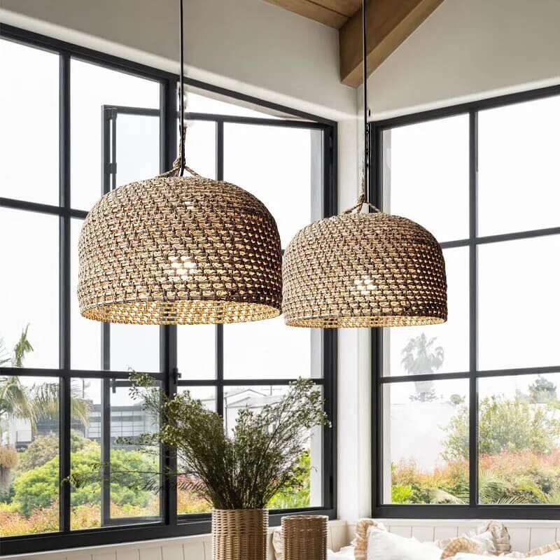Vintage Hemp Rope Pendant Light - Handmade Wicker Lamp - Hemp Rope Light Fixtures