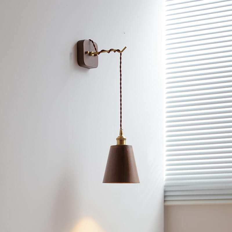 Walnut Wooden Wall Lamp with Copper - Wood Wall Sconce with with Switch Beside