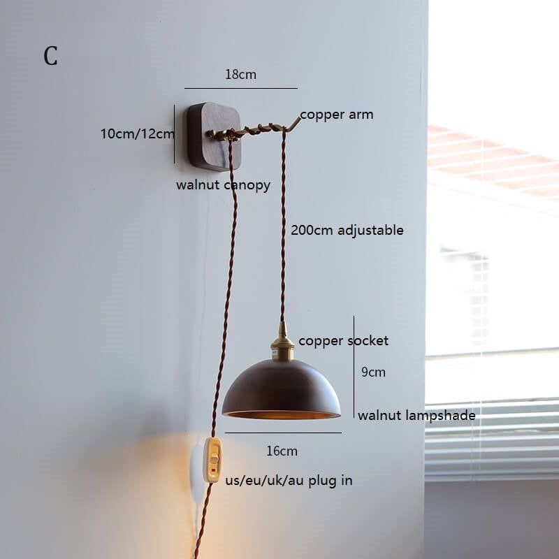 Walnut Wooden Wall Lamp with Copper - Wood Wall Sconce with with Switch Beside