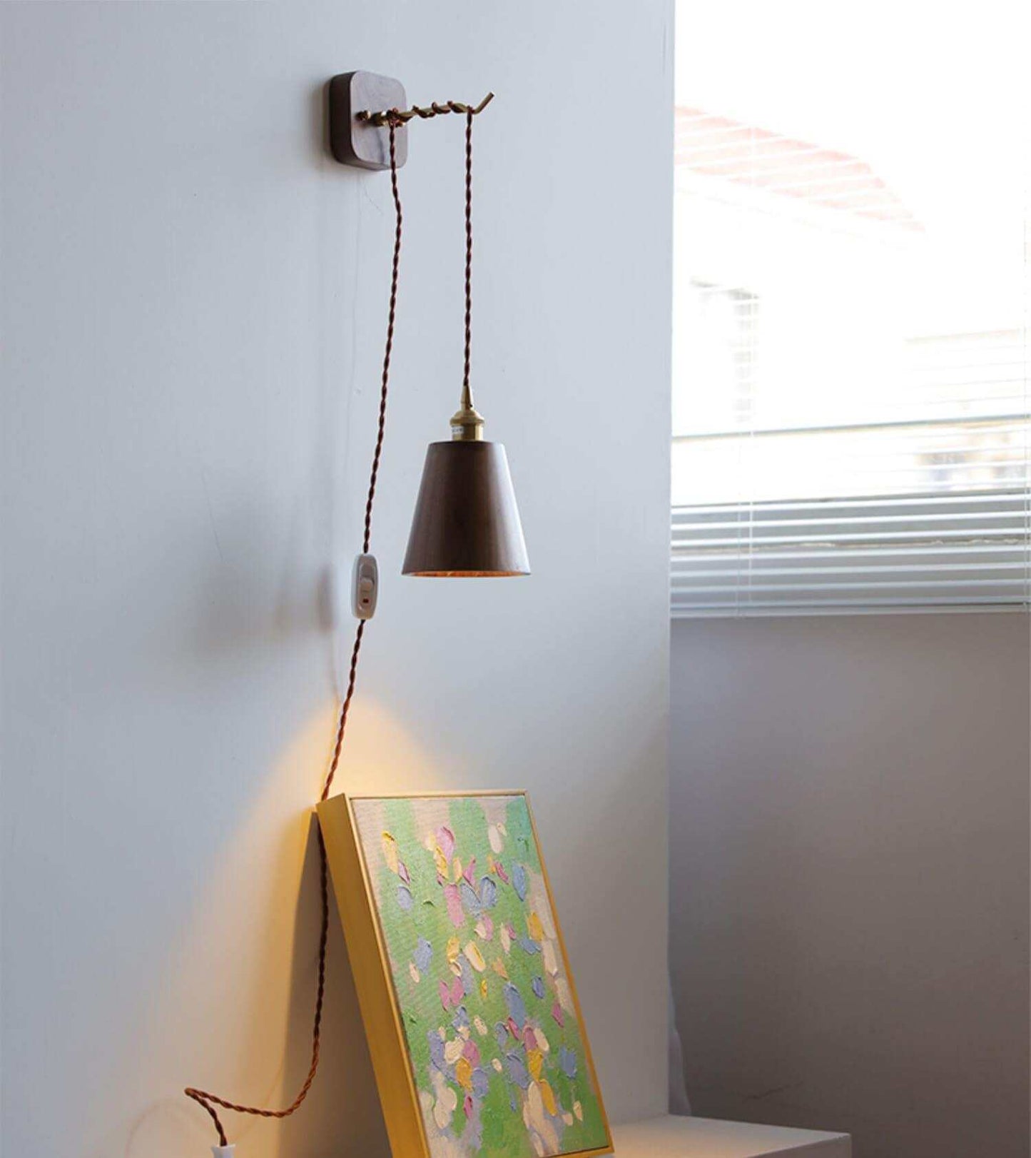 Walnut Wooden Wall Lamp with Copper - Wood Wall Sconce with with Switch Beside