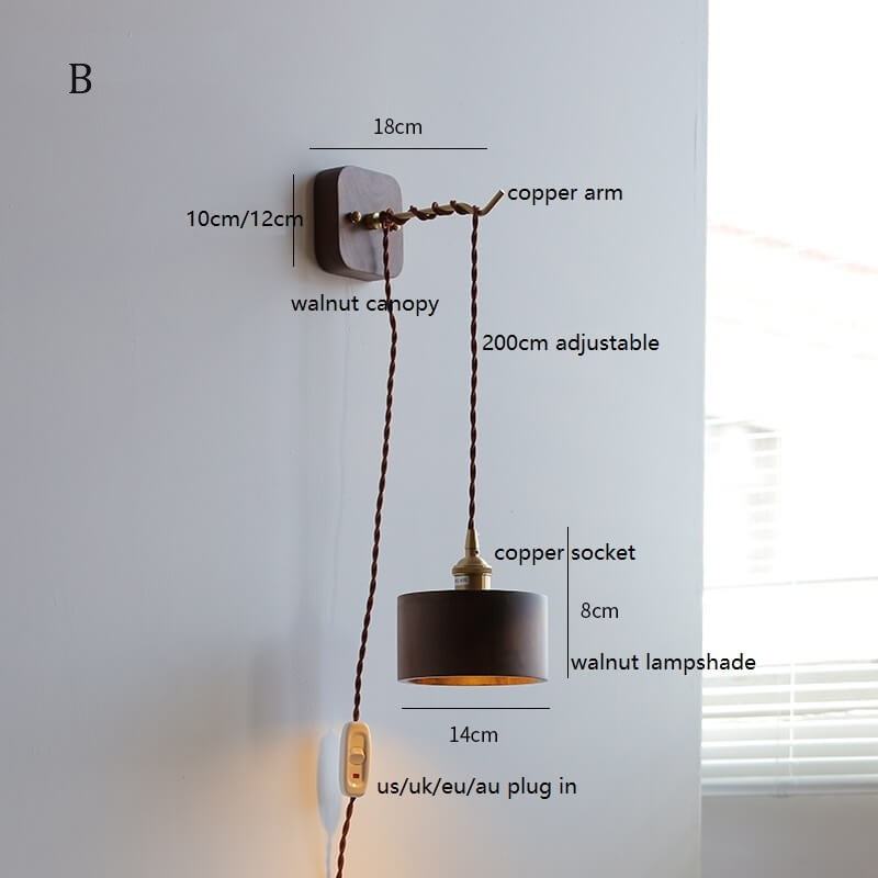 Walnut Wooden Wall Lamp with Copper - Wood Wall Sconce with with Switch Beside