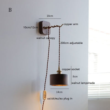 Walnut Wooden Wall Lamp with Copper - Wood Wall Sconce with with Switch Beside