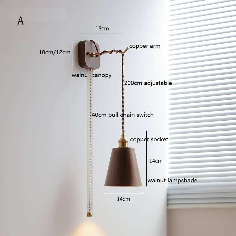 Walnut Wooden Wall Lamp with Copper - Wood Wall Sconce with with Switch Beside