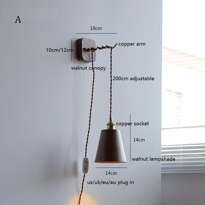 Walnut Wooden Wall Lamp with Copper - Wood Wall Sconce with with Switch Beside
